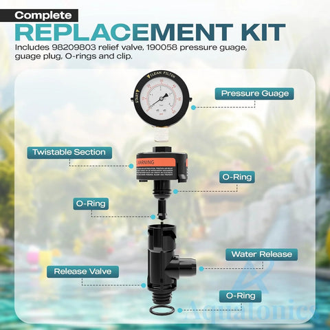 Amazon Aquatonics 98209800 replacement kit for lawn patio; includes gauge, air relief valve, O-rings, teflon tape