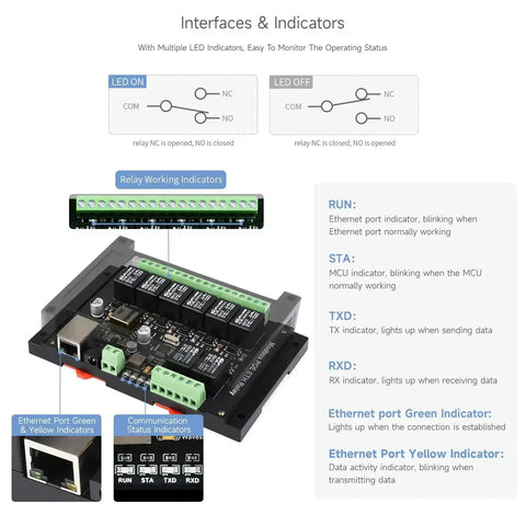 8 Channel Ethernet Relay Module With Modbus RTU TCP PoE Power and LED indicators for network status monitoring