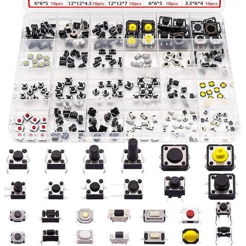 260Pcs Micro Momentary Tactile Push Button Switch Kit With 26 Values 2 3 4 Pin Options, 12V DC, 50mA, assorted in a case
