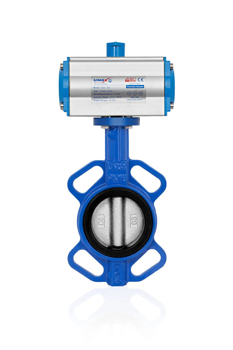 UNOX pneumatic butterfly valve, wafer type DN125 (5 in), blue body with stainless steel disc and EPDM seat