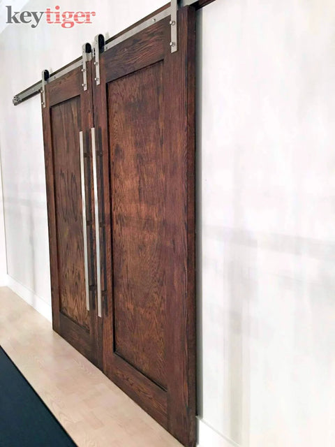 32 Inch Two Sided Stainless Steel Modern Entry Door Handles Matte Black Painted Finish on wooden sliding barn doors