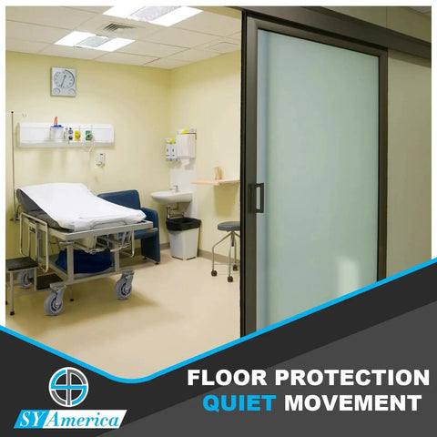 Hospital room featuring heavy duty industrial caster wheels set 6 inch by 2 inch with non marking thermoplastic rubber tread, SY America.
