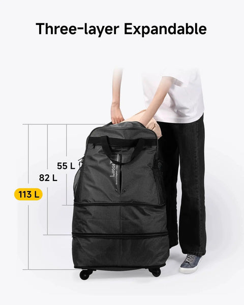 Expandable Rolling Duffel Bag With Spinner Wheels Lightweight Collapsible Luggage 55L-113L Capacity shown with expanding layers