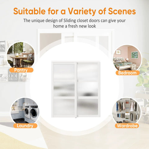Three Lite Frosted Glass Bypass Sliding Closet Door Set With Track Kit And Floor Guide For 120 Inch Opening in bedroom, pantry, laundry, and wardrobe scenes