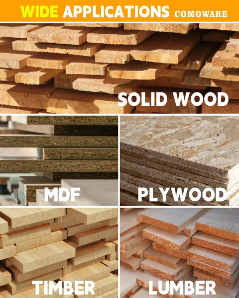 Variety of wood types including solid wood, MDF, plywood, timber, and lumber for use with COMOWARE drill bit set.