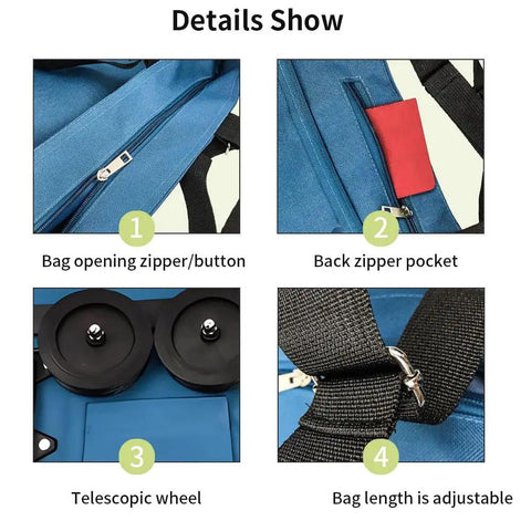 Details of Collapsible Shopping Cart With 360 Degree Swivel Wheels For Travel And Home in Lake Blue, showing zippers, pockets, wheels, straps.