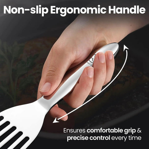 Close-up of hand holding Ultra Thin Edge Stainless Steel Spatula Set With Large Fish Turner And Small Slotted Spatula, Ergonomic Non Slip Handles, Seamless One Piece Construction, Dishwasher Safe