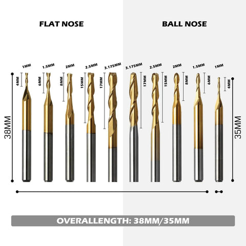 Pro Grade Tungsten Carbide End Mill Router Bits Set For CNC Machining 1/8 Inch Shank with various sizes and coatings.