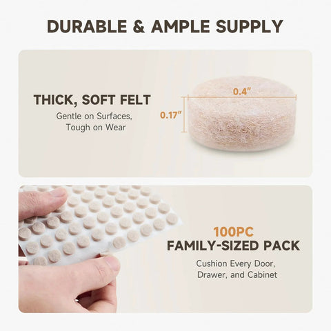 100 Piece Felt Cabinet Door Bumpers Soft Close Absorb Impact And Reduce Noise 0.4 Inch Diameter 0.17 Inch Thick family-sized pack