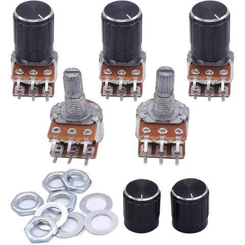 Five Pack 10K Ohm Rotary Potentiometers With Split Shaft And Knurled 6mm Shaft Linear Type B Dual Taper Audio Potentiometer