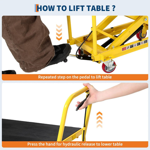 Hydraulic Lift Table Cart 1100 Lb Capacity 10 To 32 In Lift Height With Wheels, foot pedal and hand release operation