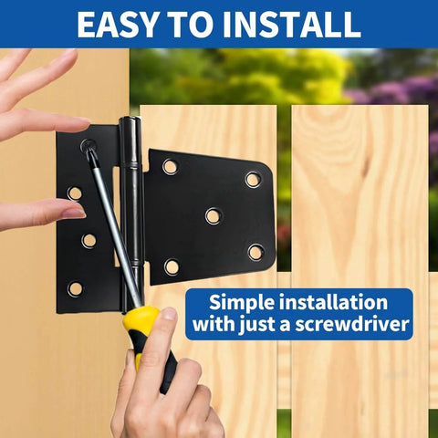 Installing heavy duty black gate hinge 3.5 inch with screws on wooden fence, shown with screwdriver in hand