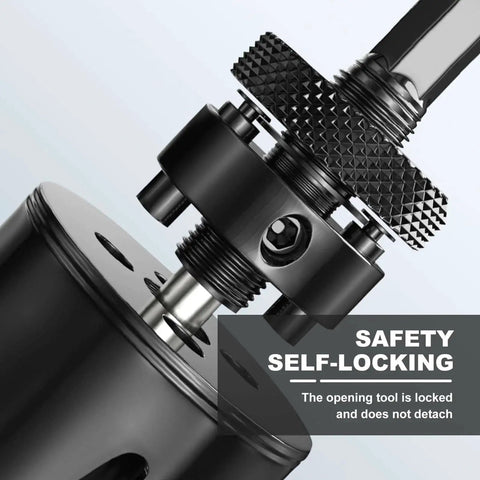 Close-up of 9.8 Inch Hole Saw Set With Heavy Duty Arbor HSS Bi Metal Cutter 250mm featuring safety self-locking mechanism.