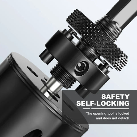 Close-up of Heavy Duty 5/8 Inch 16mm M42 Bi-Metal Hole Saw Set With Hex Shank Arbor showing self-locking mechanism.