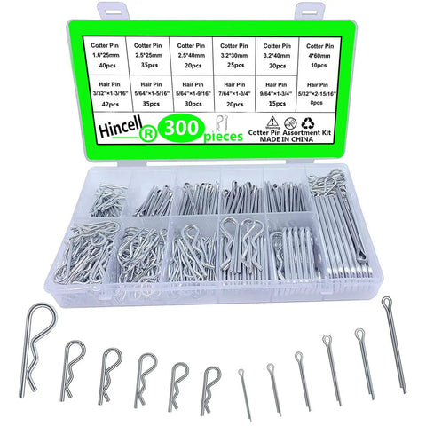 300 Piece Cotter Pin And R Clip Set For Car And Home Use With Zinc Plated Steel Fasteners Includes Multiple Sizes M1.6 M2.5 M3.2 M4 And Inch Sizes 3/32 5/32 5/64 7/64 9/64 Hair Pins And Hitch Pins in clear box