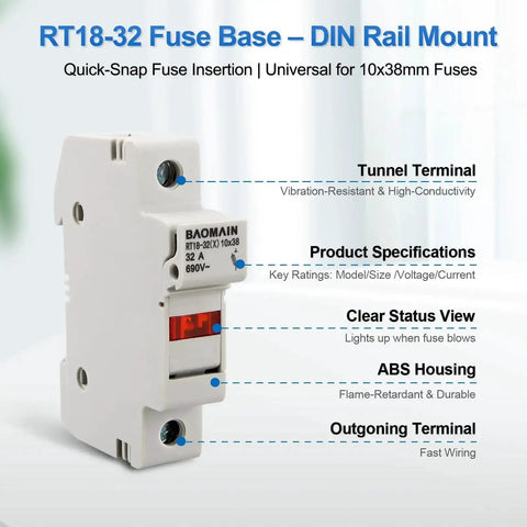 RT18-32 Fuse Holder Base with 10x16A Ceramic Fuses, 1 Pole DIN Rail Mount with LED Indicator, CE Certified, front view