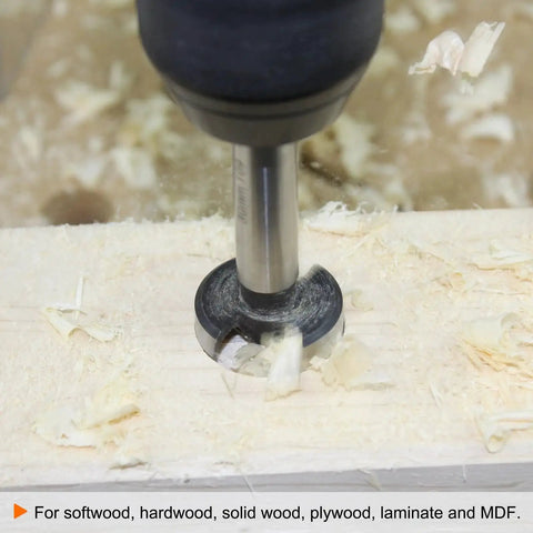 Drilling with Pro Grade 50mm Forstner Drill Bit With Tungsten Carbide Tips 3 Flutes And 4 Spurs Hex Shank in wood surface
