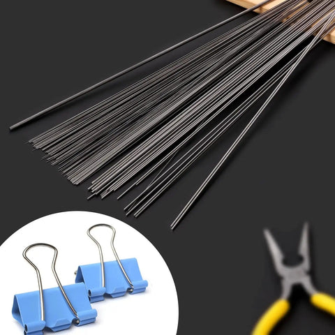 Stainless Steel Spring Wire Set With 104 Pieces In 12 Sizes From 0.3mm To 3mm And 400mm Length For Hard Straight Wire For DIY RC Models And Ship Building A Solid Go To Kit For Custom Projects Repairs And Pro Builds Glarks, wires shown with pliers and clamps.