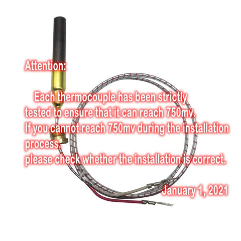 750mV fireplace thermocouple with braided metal lead, aluminum body, 24-inch length.