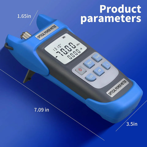 Blue handheld optical power meter with LCD display and keypad; rechargeable fiber tester for SC/FC/ST/LC interfaces.