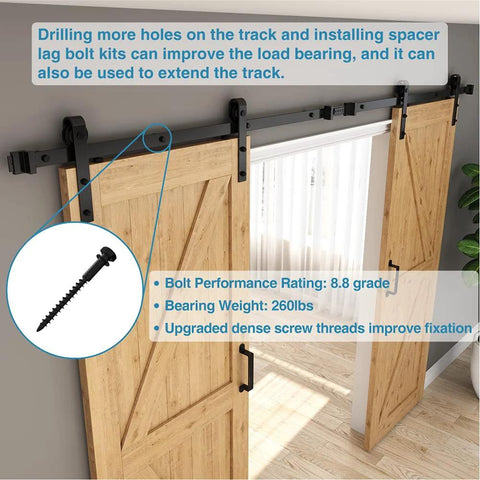 1-3/8 Inch Sliding Barn Door Track Spacers Replacement Kit With Adjustable Carbon Steel Connectors Including Lag Bolts And Wall Anchors Pack Of 4 installed on wood doors