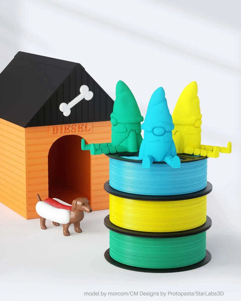 Colorful gnomes sitting on stacked blue and green filament spools with doghouse and toy dog, showcasing PLA Plus Filament's use in decoration.