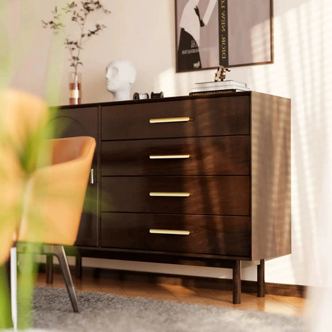 Champagne Bronze Cabinet Pulls 10 Pack 5 Inch Hole Centers 128mm Kitchen Cabinet Handles on wooden dresser in modern room.