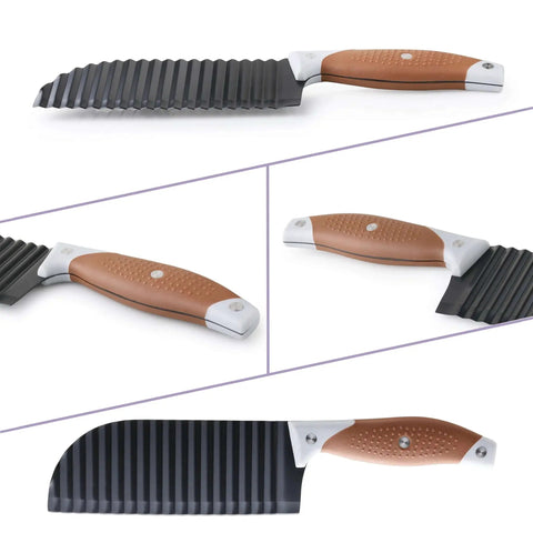 Crinkle Cutter Wave For Veggies And Fries With Stainless Steel Blade And Rubber Handle Dishwasher Safe Brown Perfect For French Fries Cucumbers Carrots Potatoes And More OLULU, shown in various angles.