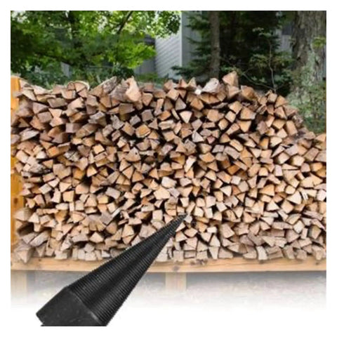 Heavy Duty Firewood Drill Bit For Tapered Hole Driving Steps Bore 38 Mm Round Handle Iron Construction shown with stacked firewood
