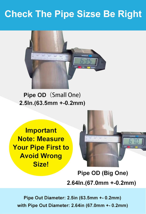DecoHongDi 2.5 in exhaust clamp set, 2-pack, 304 stainless lap-joint band; pipe OD sizes 2.5 in and 2.64 in.