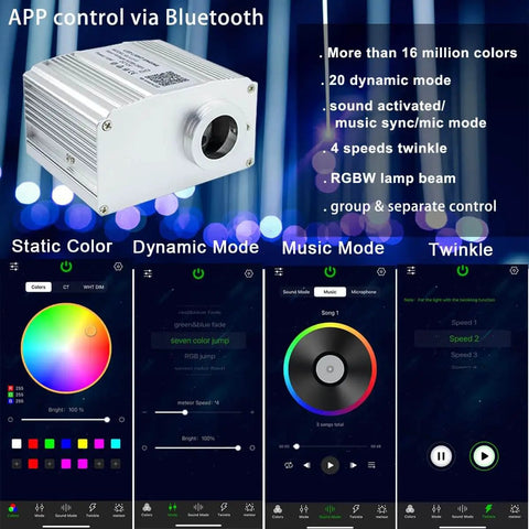Bluetooth Control 10W RGBW Twinkle Fiber Optic Star Ceiling Light Kit controls and settings displayed on a smartphone app interface.