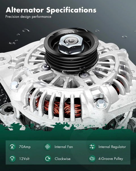 Plug And Play Alternator Replacement For Mazda 323 1.6L 1995 1994 1996 MX 3 1.6L 1994 1995 1996 Protege 1.5L 1995 1996 Miata 1.8L 1994 1995 1996 1997 12V 70 Amp 4 Groove Pulley OE 13614 13698, top view showing specifications