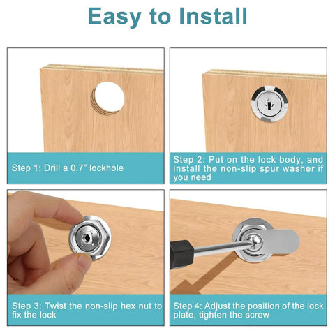 Installation steps for Keyed Alike Cam Locks for Cabinets and Drawers Five Eighths Inch Cylinder Chrome Finish Zinc Alloy