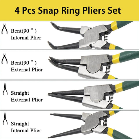 Pro Grade 4 Piece Snap Ring Pliers Set 7 Inch Heavy Duty Circlip Pliers Kit with straight and bent tips shown
