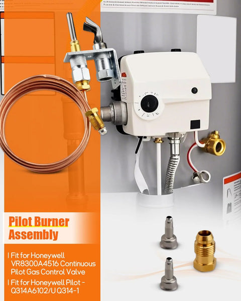 Pilot burner assembly with thermocouple for Honeywell gas furnaces; copper coil and brass fittings.
