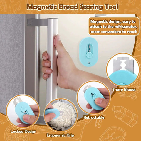 Magnetic Bread Lame For Sourdough Scoring No Swap Blade System Extractable Design Includes 5 Razor Blades No Fuss Safe Slashing Tool For Home Bakers Bread Making Essentials shown attached to a fridge with detailed features.