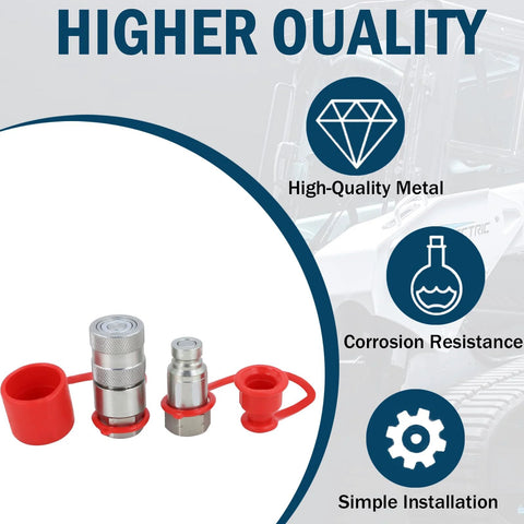 Two 1/4" skid-steer flat-face hydraulic quick-connect couplers with red dust covers.
