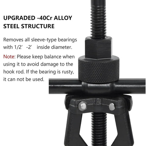 Close-up of 3 Jaw Inner Bearing Puller Gear Extractor showing threaded rod and instructions, for Motorcycle Car SUV Pulling Tool.