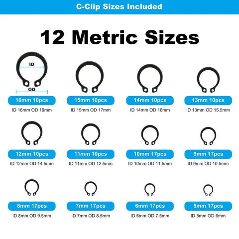 Chart showing 12 metric C-clip sizes from 2mm to 16mm with ID and OD dimensions for All-In-One Pro-Grade 324Pcs C Clips And E Clips Kit.