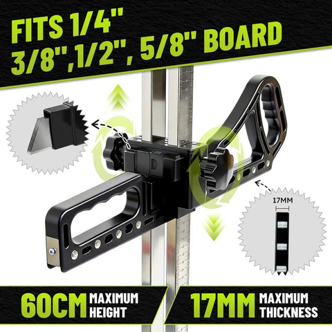 Foldable Drywall Cutter With Short Safety Blades And 10 Blade Storage, deburring scraper, metric and imperial scale, fits 1/4-5/8 in boards.