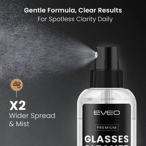 Streak-Free Glasses Cleaner Spray Kit with 2 Bottles And 2 Microfiber Cloths showing wide spray mist from bottle