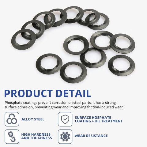 Close-up of Five Eighth Inch Wheel Lock Washers For Axle Rods 20 Pcs Manganese Steel, showing black finish and features.