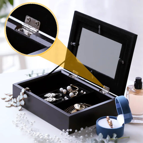 Jewelry box with Small Brass Hinges Kit For Jewelry Boxes And Miniatures - 10x8mm Tiny Hinges in gold and silver visible inside.