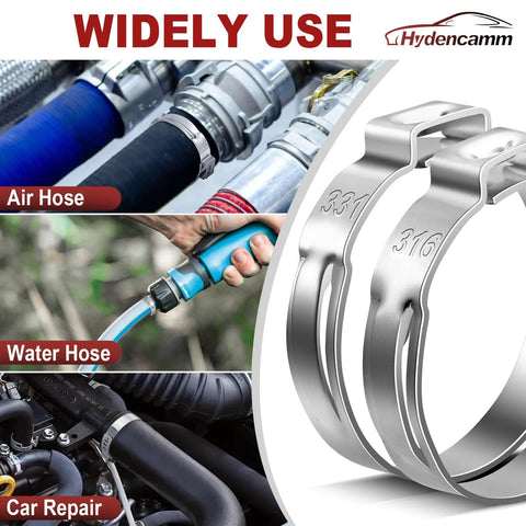 Hydencamm 370-piece stainless steel single-ear hose clamp set, 5.3–33.1mm, adjustable for automotive, air and water hoses