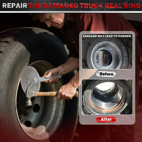 Repairing truck wheel using Truck Hub Seal Installer Kit With Bearing Race And Seal Driver Set. Before and after seal installation.