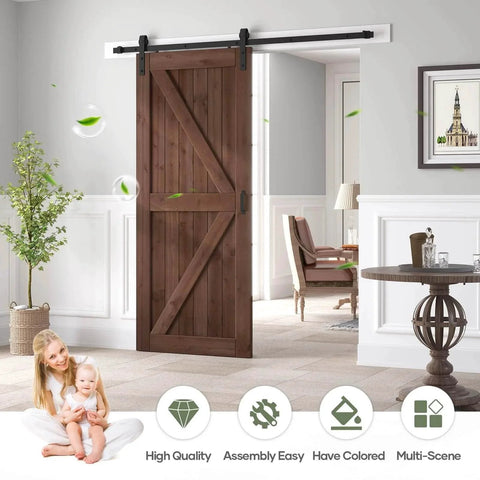 36x84 Inch Spruce Solid Wood Sliding Barn Door Slab In Coffee Finish With 6.6ft Hardware Kit And Handle K Shape Easy DIY Assembly Durable Craftsmanship Featuring Clear Wood Grain For Home Renovation And Modern Interiors in a living room setting with light furniture and decor.