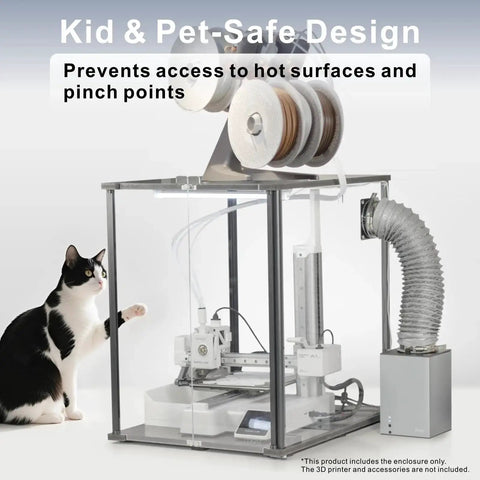 3D Printer Enclosure For Bambu Lab A1 Mini With Fume And Odor Control, showing safe design with cat nearby and ventilation system