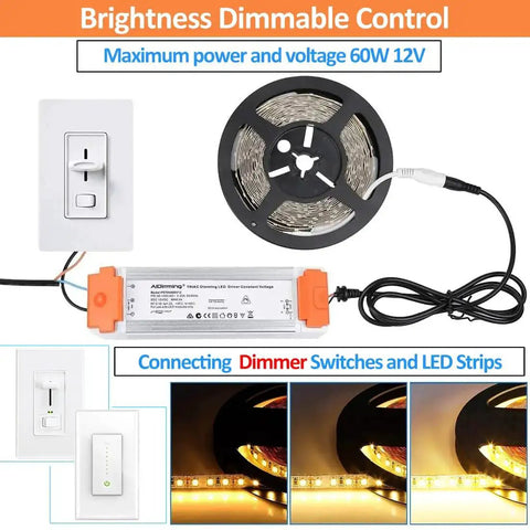 Dimmable LED Driver 12V DC 60W Quiet Operation Universal Regulated Power Supply for LED Strip Lights setup
