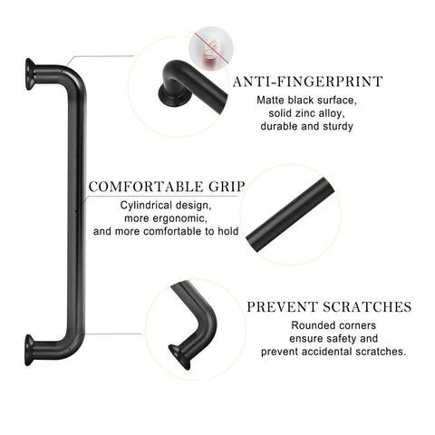 5 Pack 5 Inch Matte Black Kitchen Cabinet Handles with ergonomic cylindrical grip and anti-fingerprint, scratch-resistant design.