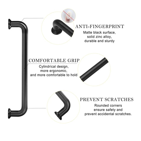 Diagram of Ten Pack 5 Inch Matte Black Cabinet Handles for Cabinets and Drawers, showing features like comfortable grip and anti-fingerprint surface.